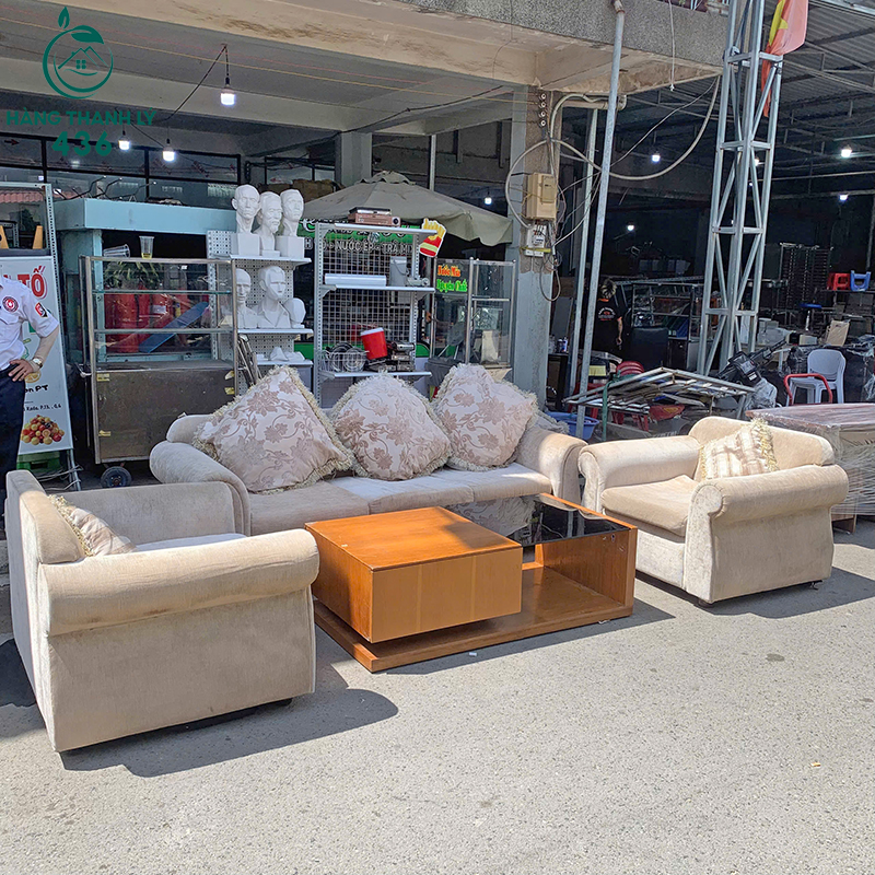 Bộ Sofa Chi Lai Cũ Bọc Vải Màu Kem Kèm Bàn Trà Mặt Kính 4 thanh ly bo sofa thuong hieu chilai cao cap gia re 1