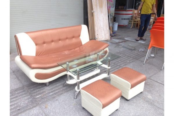 Bộ Sofa Cũ Bọc Simili Màu Cam Kem - SF17