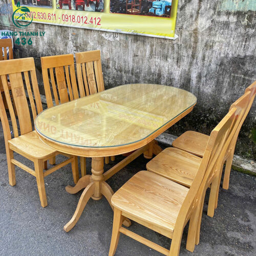 Bàn Ăn Oval 6 Ghế Gỗ Tự Nhiên Cũ (Nhiều Màu) 4 bo ban an cu 3
