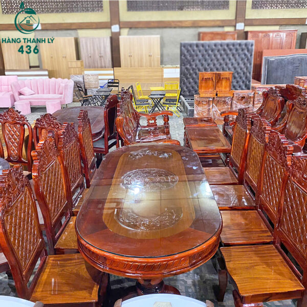 thanh ly bo ban an go tram oval 8 ghe hang moi 99 1