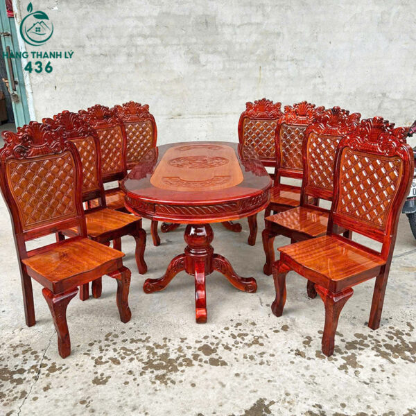 thanh ly bo ban an go tram oval 8 ghe hang moi 99 2