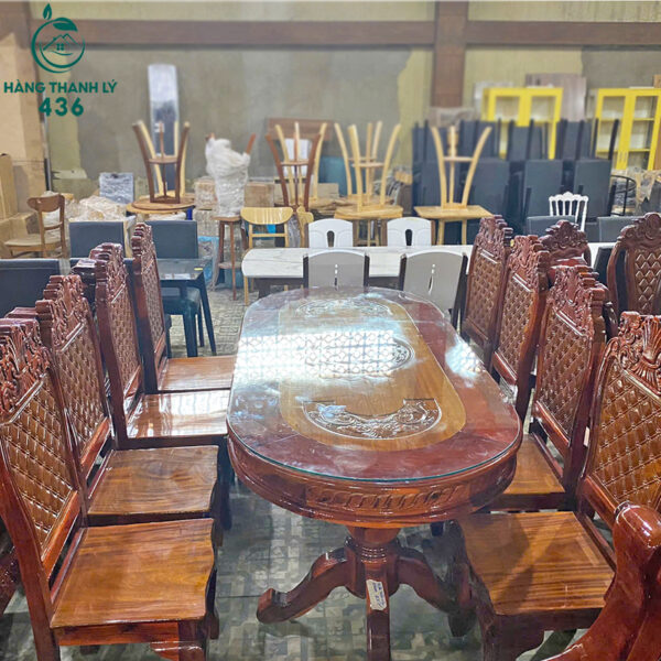 thanh ly bo ban an go tram oval 8 ghe hang moi 99 3