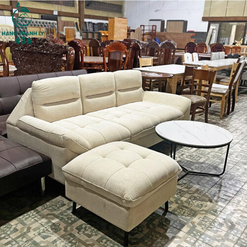 Thanh Lý Bộ Sofa Bọc Vải Kèm Đôn Màu Kem Sang Trọng Mới 99% 4 thanh ly bo sofa boc vai kem don roi co lon 1