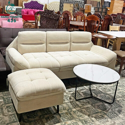Thanh Lý Bộ Sofa Bọc Vải Kèm Đôn Màu Kem Sang Trọng Mới 99% 3 thanh ly bo sofa boc vai kem don roi co lon 3