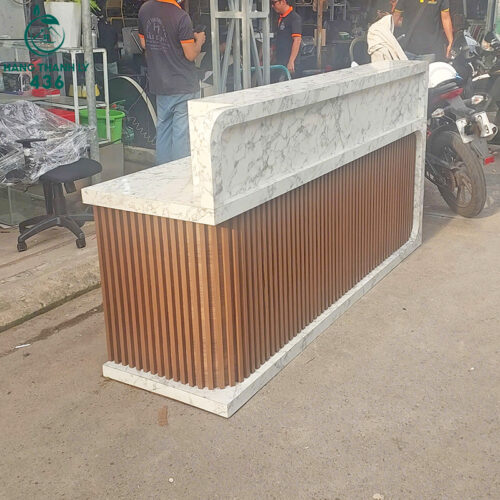 Quầy Lễ Tân Gỗ Cũ Phối Đá Sang Trọng 5 quay le tan go cu phoi da sang trong 2