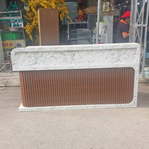 Quầy Lễ Tân Gỗ Cũ Phối Đá Sang Trọng 6 quay le tan go cu phoi da sang trong 4