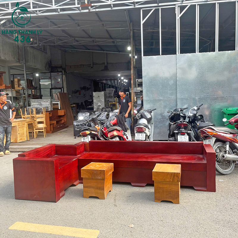 sofa-go-goc-l-cu-2m7x1m4-kem-2-don-thiet-ke-don-gian-1 Bộ Salon Gỗ Góc L Cũ 2M7x1M4 Kèm 2 Đôn Thiết Kế Đơn Giản