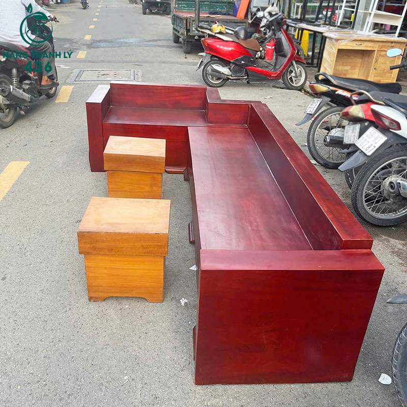 sofa-go-goc-l-cu-2m7x1m4-kem-2-don-thiet-ke-don-gian-2 Bộ Salon Gỗ Góc L Cũ 2M7x1M4 Kèm 2 Đôn Thiết Kế Đơn Giản
