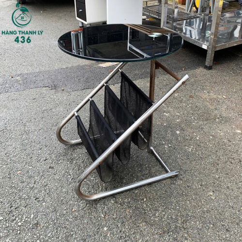 Bàn Cafe Cũ Mặt Kính Đen Đường Kính 48cm Chân Inox 3 ban cafe cu mat kinh den duong kinh 48cm chan inox 1