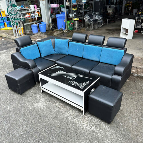 Bộ Sofa Đen Phối Xanh Cũ 2M2X1M4 Dạng Chữ L Kèm Bàn Kính Và Đôn Phụ 2 bo sofa den phoi xanh cu 2m2x1m4 dang chu l kem ban kinh va don phu 3
