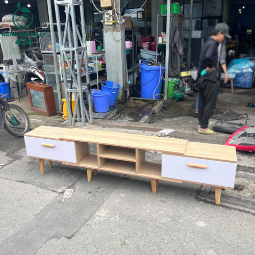 Kệ Tivi Gỗ Cũ Lớn Màu Vân Sáng 1M6X30CM Hai Ngăn Kéo Trắng 4 ke tivi go cu lon mau van sang 1m6x30cm hai ngan keo trang 2