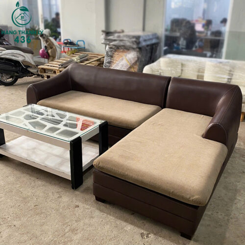 Sofa Góc L Cũ 2M3X1M6 Bọc Da Nâu Phối Nệm Vải Kem 6 sofa goc l cu 2m3x1m6 boc da nau phoi nem vai kem 5