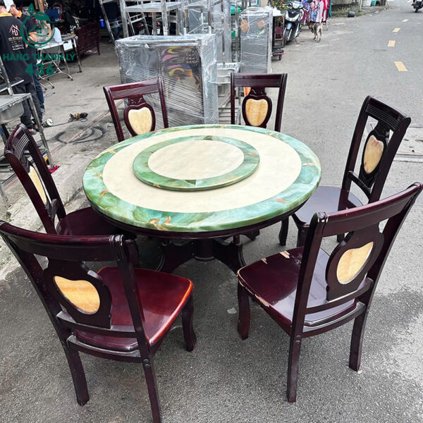 Bàn Ăn Cũ Tròn Mặt Đá Xoay 1M3X76CM Kèm 6 Ghế Gỗ