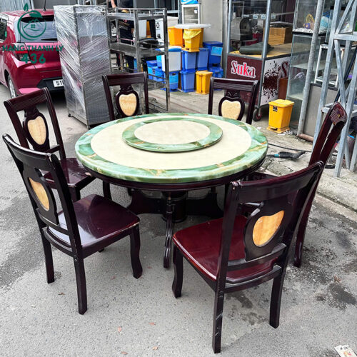 Bàn Ăn Cũ Tròn Mặt Đá Xoay 1M3X76CM Kèm 6 Ghế Gỗ