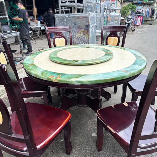 Bàn Ăn Cũ Tròn Mặt Đá Xoay 1M3X76CM Kèm 6 Ghế Gỗ