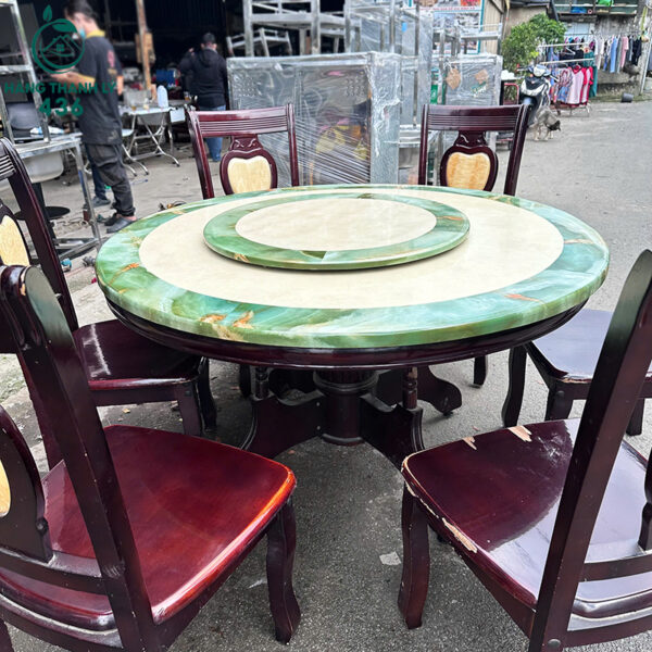 Bàn Ăn Cũ Tròn Mặt Đá Xoay 1M3X76CM Kèm 6 Ghế Gỗ