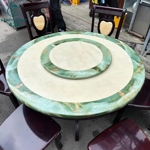 Bàn Ăn Cũ Tròn Mặt Đá Xoay 1M3X76CM Kèm 6 Ghế Gỗ