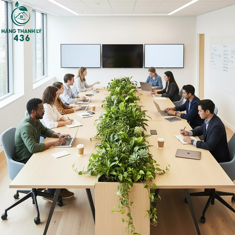 ban-hop-van-phong-co-cay-xanh-trang-tri-va-nhan-vien-dang-lam-viec Các Thiết Kế Bàn Văn Phòng Có Cây Giúp Tăng Năng Suất Làm Việc