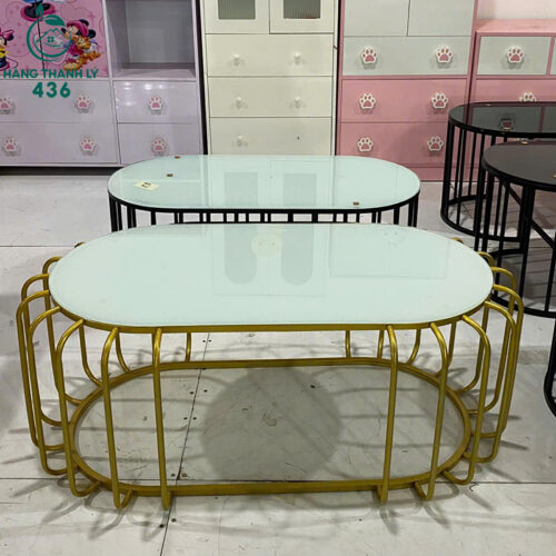 Bàn Sofa Khung Sắt Mặt Kính Cũ Hình Oval
