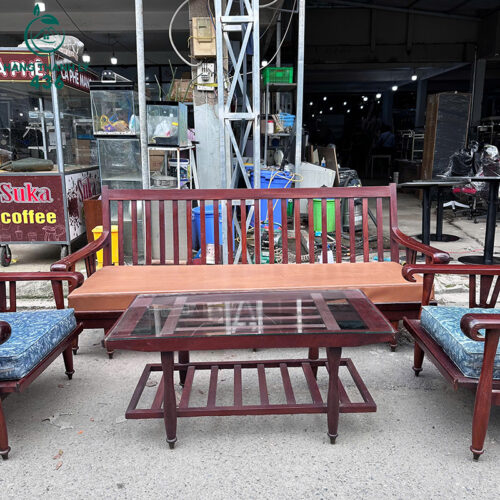 Bộ Ghế Gỗ Cũ 1M92X70CM Có Đệm Vải Xanh Mặt Bàn Kính Sang 5 Bộ Ghế Gỗ Cũ 1M92X70CM Có Đệm Vải Xanh Mặt Bàn Kính Sang