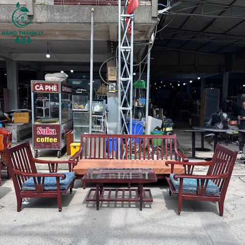 Bộ Ghế Gỗ Cũ 1M92X70CM Có Đệm Vải Xanh Mặt Bàn Kính Sang