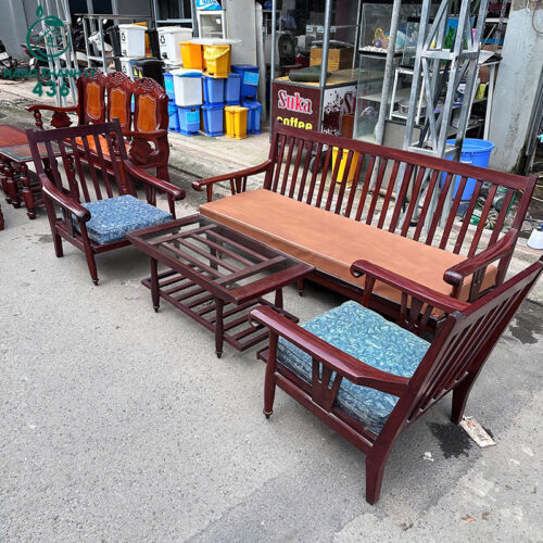 Bộ Ghế Gỗ Cũ 1M92X70CM Có Đệm Vải Xanh Mặt Bàn Kính Sang 3 Bộ Ghế Gỗ Cũ 1M92X70CM Có Đệm Vải Xanh Mặt Bàn Kính Sang