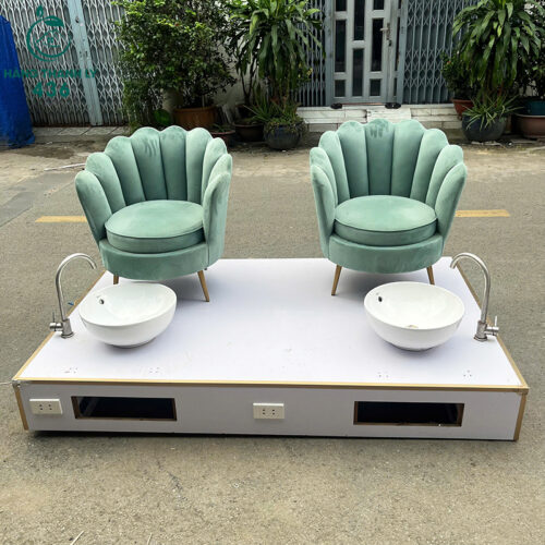 Bộ Ghế Làm Nail Cũ Bọc Vải Nhung Màu Xanh Chân Gỗ 3 bo ghe lam nail cu boc vai nhung mau xanh chan go 1