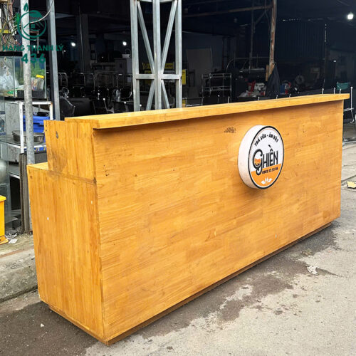 Quầy Bán Hàng Gỗ Cũ 2M4X1M1 Mặt Trơn Logo In Tròn