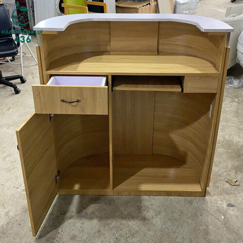 Quầy Lễ Tân Cũ 1M Bo Cong Màu Trắng Phối Vàng 2 quay le tan cu 1m bo cong mau trang phoi vang 2