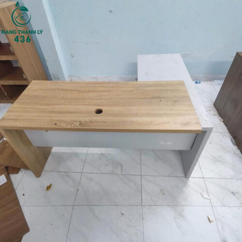 ban lam viec cu 1m5x1m2x75cm chu l mau van go phoi trang 1