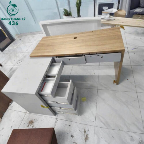 ban lam viec cu 1m5x1m2x75cm chu l mau van go phoi trang 4