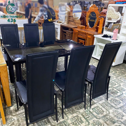 Bộ Bàn Ăn Cũ 6 Ghế Mặt Kính Màu Đen Sang Trọng