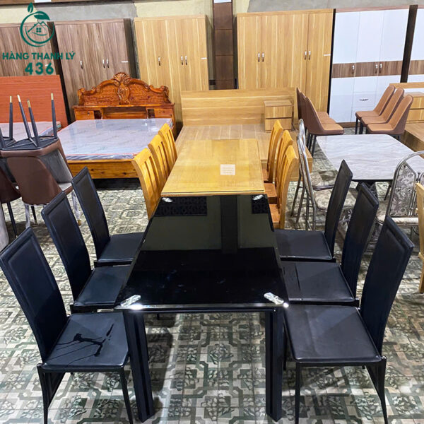Bộ Bàn Ăn Cũ 6 Ghế Mặt Kính Màu Đen Sang Trọng