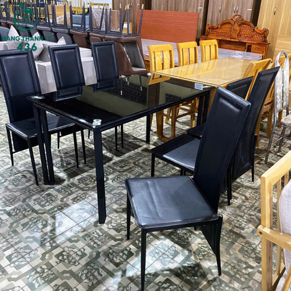 Bộ Bàn Ăn Cũ 6 Ghế Mặt Kính Màu Đen Sang Trọng