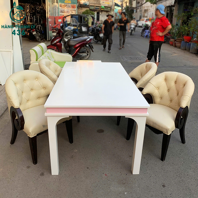Bộ Bàn Ghế Ăn Cũ 1M8X90CM Bọc Da Màu Kem Lưng Cao bo-ban-ghe-an-cu-1m8x90cm-boc-da-mau-kem-lung-cao-1 Bộ Bàn Ghế Ăn Cũ 1M8X90CM Bọc Da Màu Kem Lưng Cao