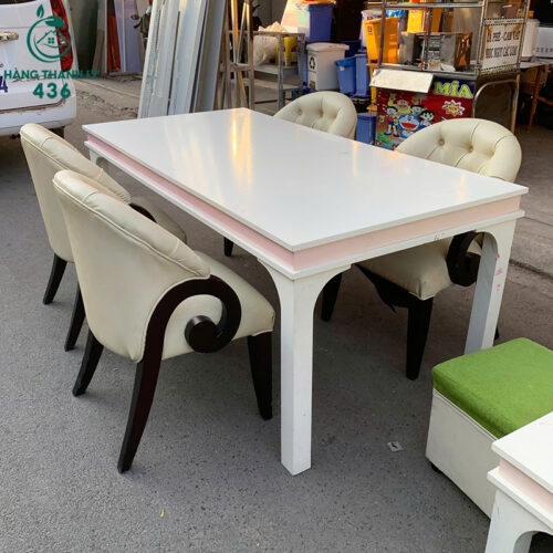 Bộ Bàn Ghế Ăn Cũ 1M8X90CM Bọc Da Màu Kem Lưng Cao 4 bo ban ghe an cu 1m8x90cm boc da mau kem lung cao 2