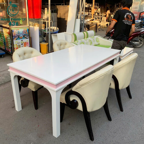 Bộ Bàn Ghế Ăn Cũ 1M8X90CM Bọc Da Màu Kem Lưng Cao 2 bo ban ghe an cu 1m8x90cm boc da mau kem lung cao 4