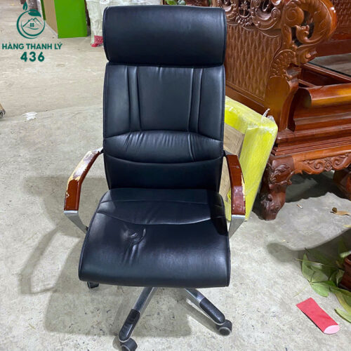 Ghế Văn Phòng Cũ Lưng Cao Bọc Da Màu Đen Có Tay Vịn Gỗ