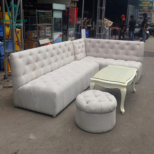 Sofa Chữ L Cũ 2M4X1M6 Màu Trắng Kèm Đôn Tròn