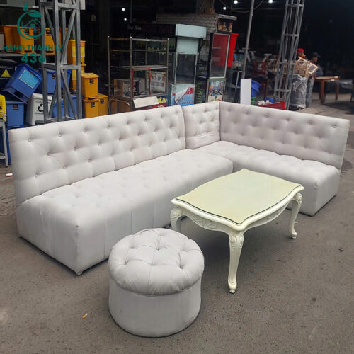 Sofa Chữ L Cũ 2M4X1M6 Màu Trắng Kèm Đôn Tròn