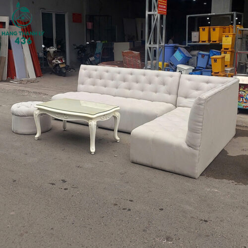 Sofa Chữ L Cũ 2M4X1M6 Màu Trắng Kèm Đôn Tròn