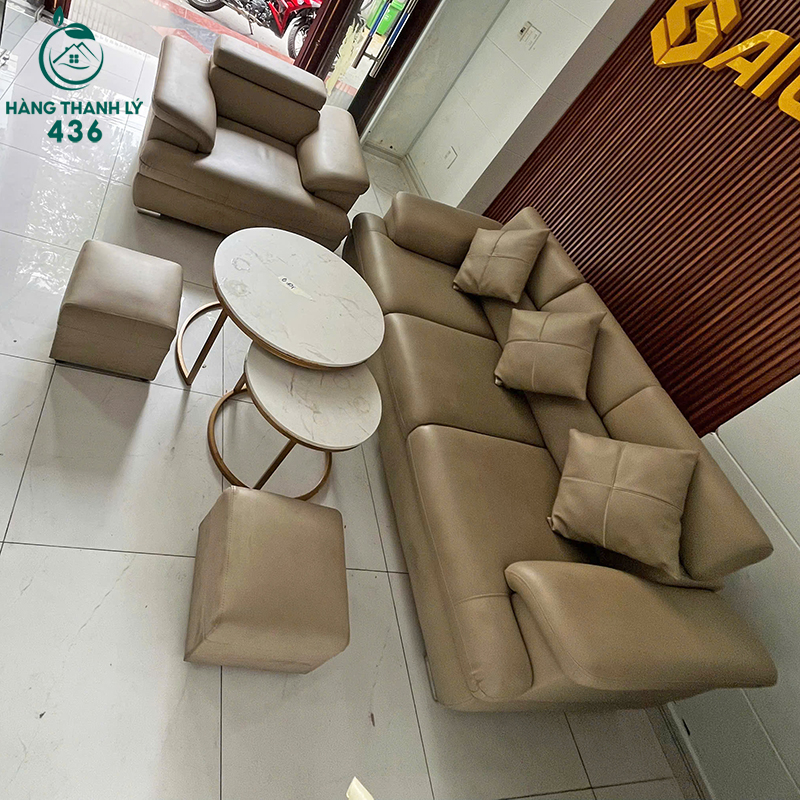 sofa-cu-boc-da-mau-kem-co-kem-goi-tua-lung-1 Sofa Cũ Bọc Da Màu Kem Có Kèm Gối Tựa Lưng