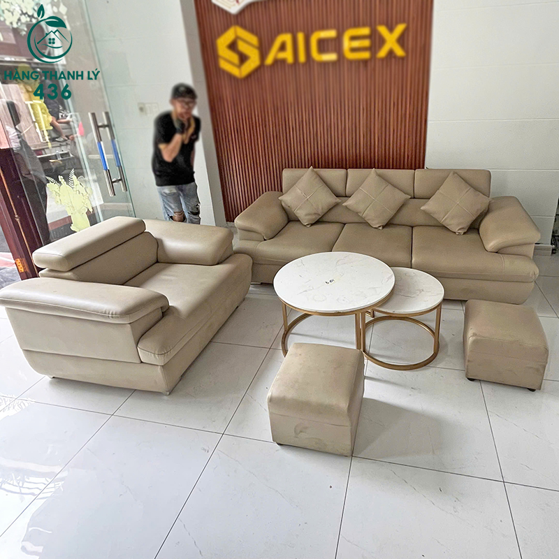 sofa-cu-boc-da-mau-kem-co-kem-goi-tua-lung-2 Sofa Cũ Bọc Da Màu Kem Có Kèm Gối Tựa Lưng