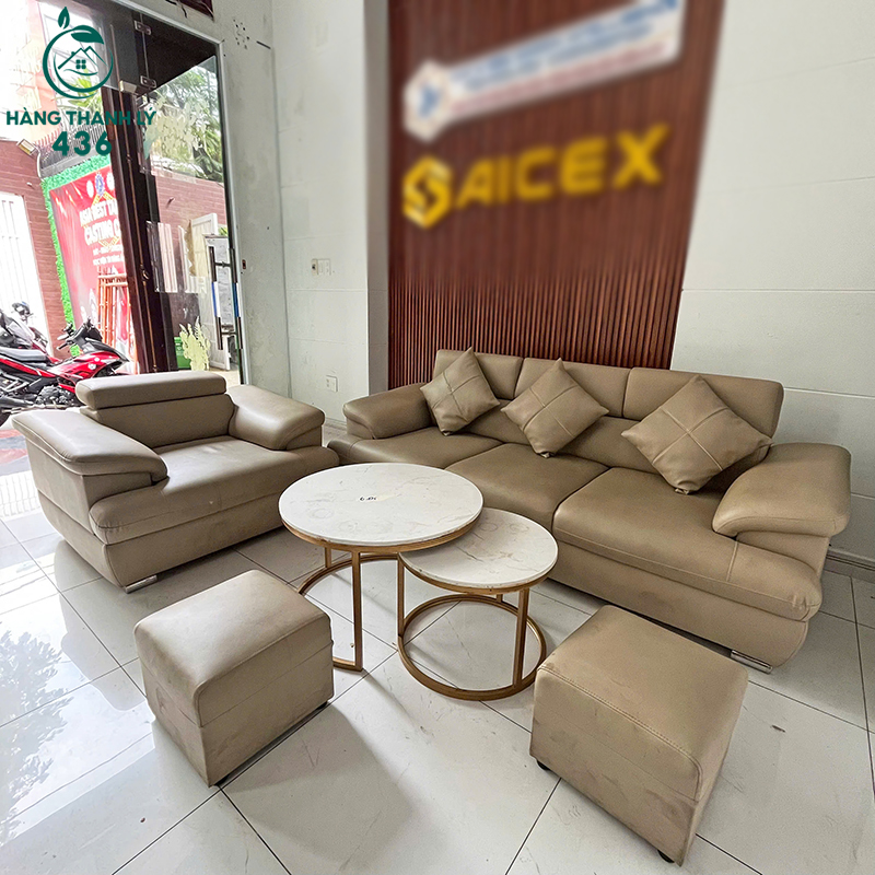 sofa-cu-boc-da-mau-kem-co-kem-goi-tua-lung-3 Sofa Cũ Bọc Da Màu Kem Có Kèm Gối Tựa Lưng