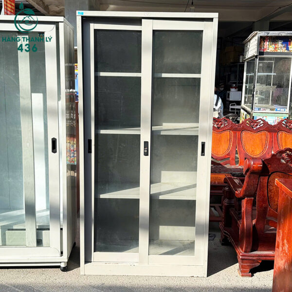 Tủ Hồ Sơ Cũ 90CMX1M85 Cửa Lùa Kính Màu Xám