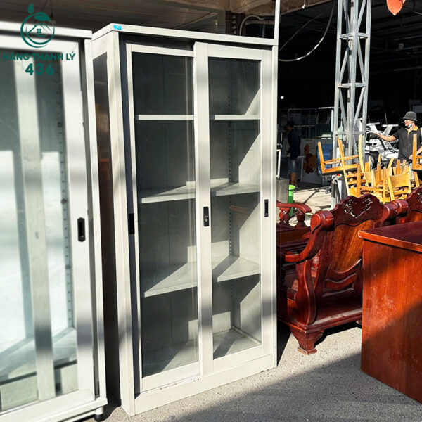 Tủ Hồ Sơ Cũ 90CMX1M85 Cửa Lùa Kính Màu Xám