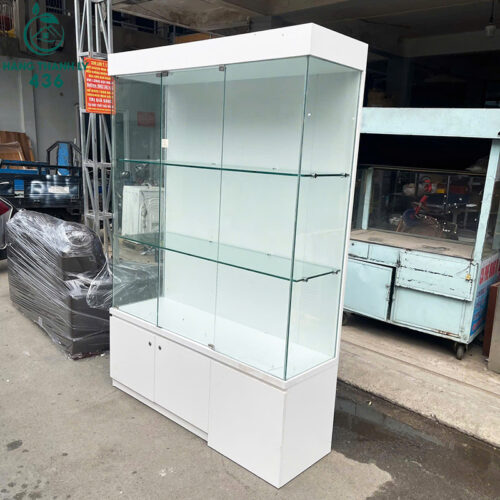 tu trung bay kinh cu 1m45x2m1x45cm khung trang gon gang 1