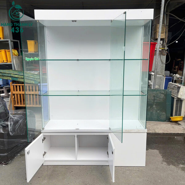 tu trung bay kinh cu 1m45x2m1x45cm khung trang gon gang 4