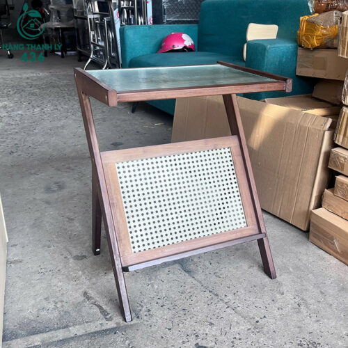 Bàn Cafe Gỗ Cũ Phối Mây Mặt Kính Gọn Gàng