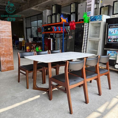 Bộ Bàn Ăn Cũ 1M6X90CM Mặt Đá Chân Gỗ